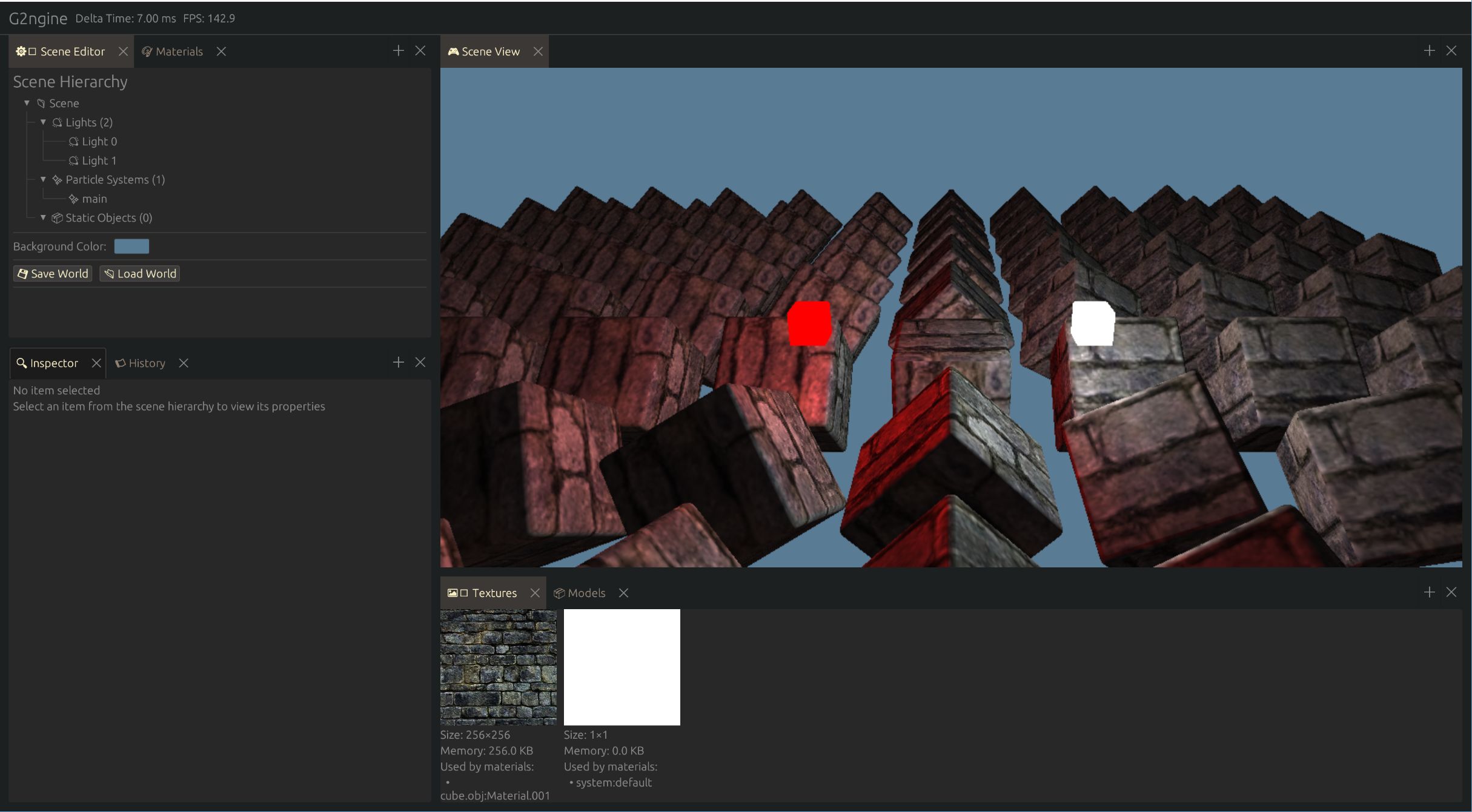 The G2ngine editor with a scene loaded