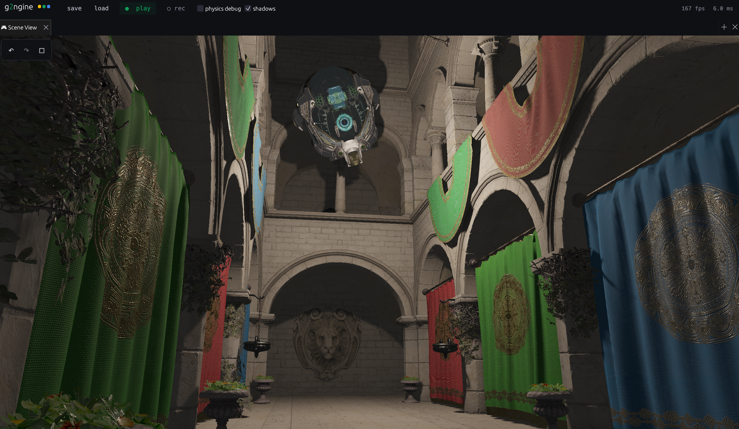 G2ngine editor rendering the Sponza atrium with dynamic shadows