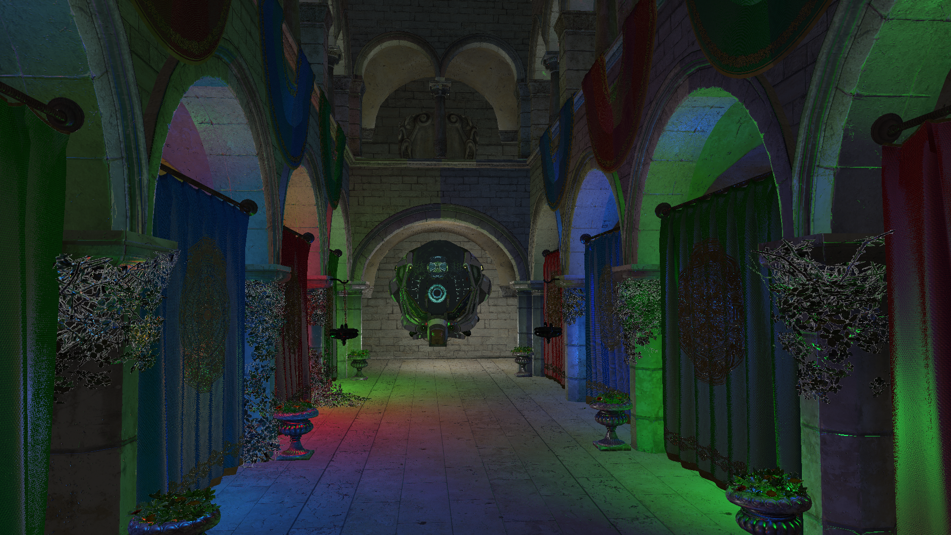 Sponza scene rendered with multiple PBR helmets